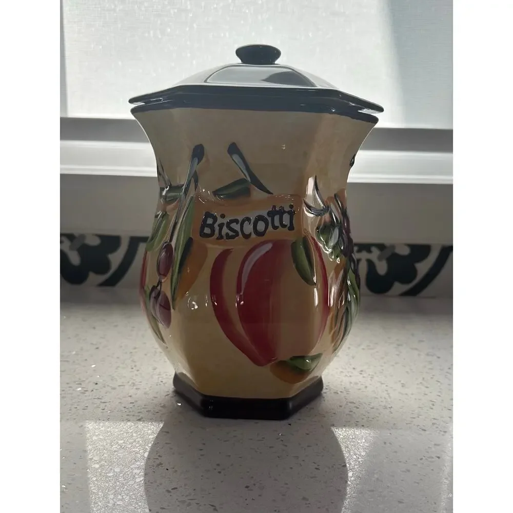 Nonni's Biscotti Ceramic Jar With Purple Top Fruit Motif Hand Painted 9 1/2